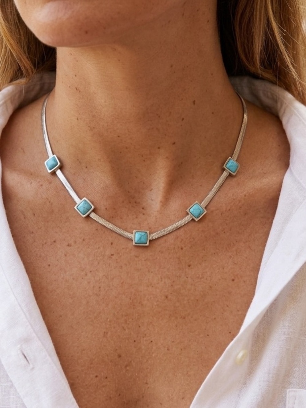 Silver Plated Turquoise Square Station Silver Necklace Women Jewelry